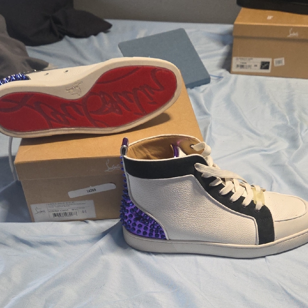 Christian Louboutin White and Blue High-Top Sneakers